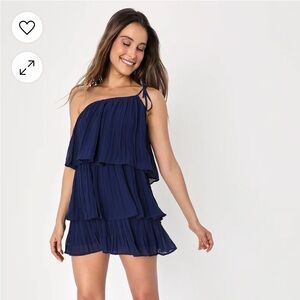 Lulus Blowing Kisses Navy Blue Pleated One-Shoulder Mini Dress